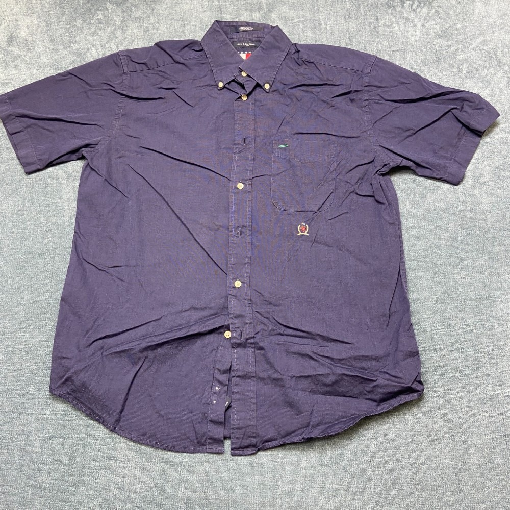 Tommy Hilfiger 80's 2 Ply Fabric Shirt Mens Medium Navy Blue Logo Button Down